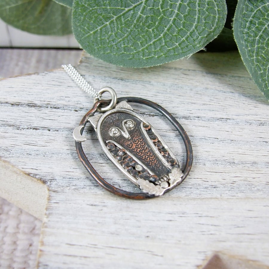 Owl Necklace, Sterling Silver and Copper One of a Kind Pendant