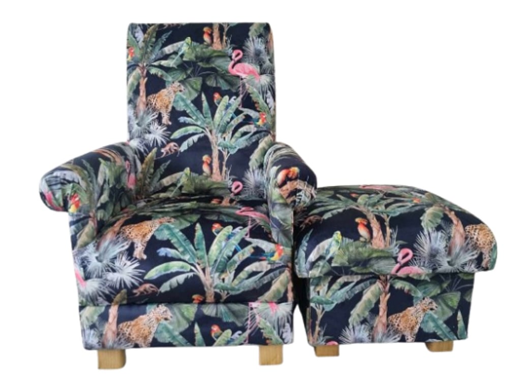 Adult Chair & Footstool in Jungle Animals Velvet Fabric Armchair Nursery Pouffe 