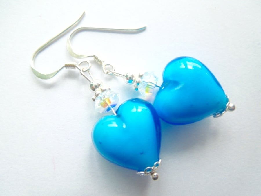 Murano glass turquoise heart earrings with Swarovski crystal and sterling silver