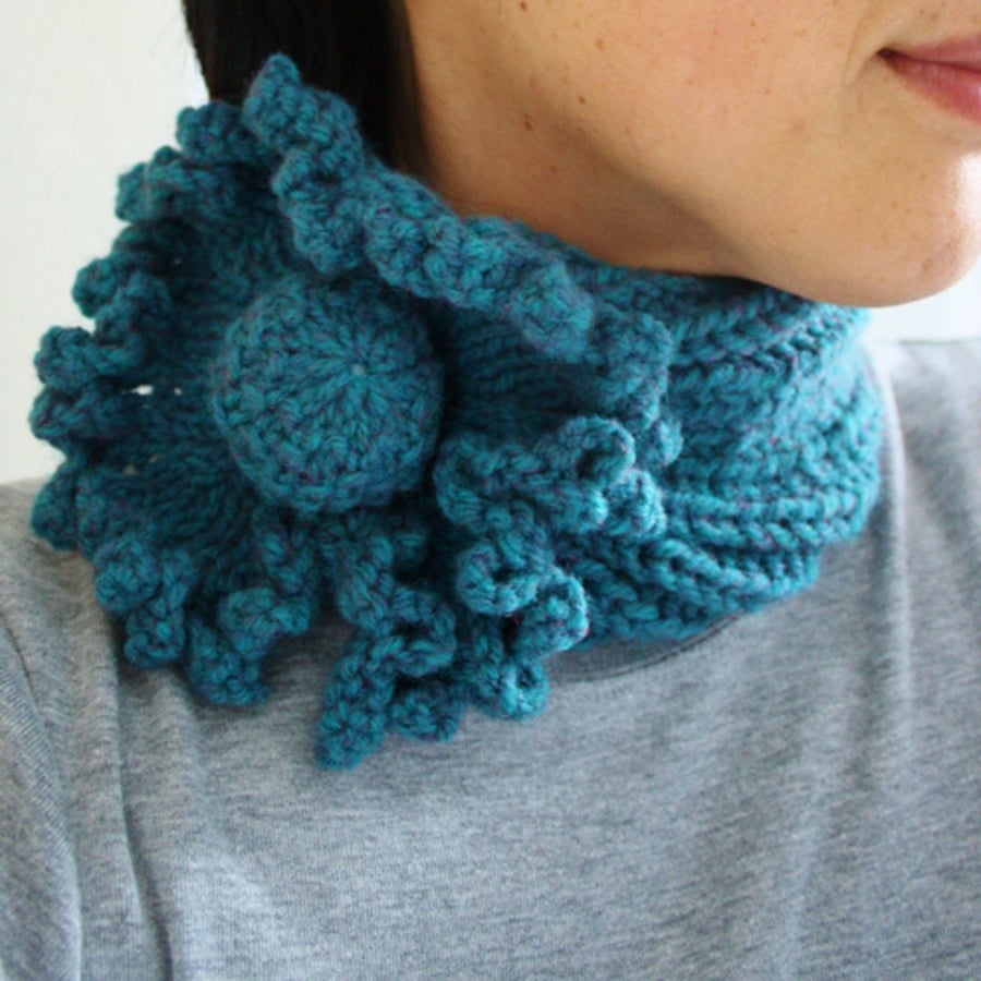 Ladies Flower Neck Warmer in Deep Teal Green