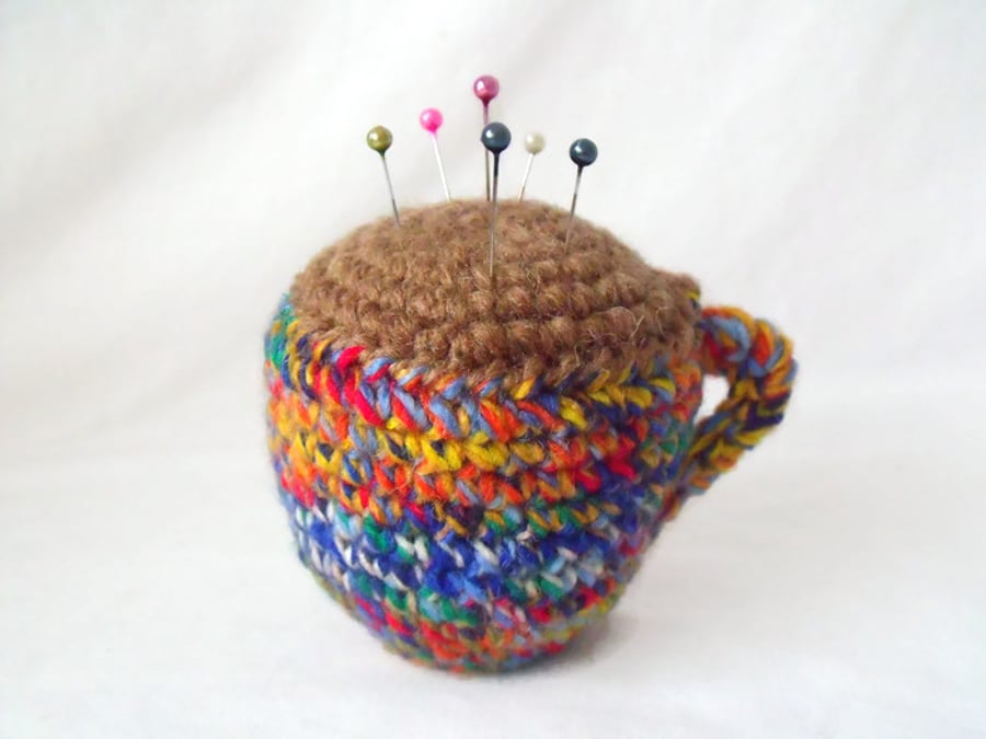 crocheted novelty tea cup pin cushion, amigurumi coffee cup pin tidy