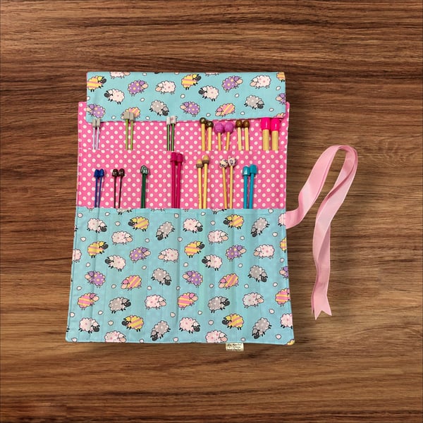 Straight knitting needle case with colourful sheep, single point needle case