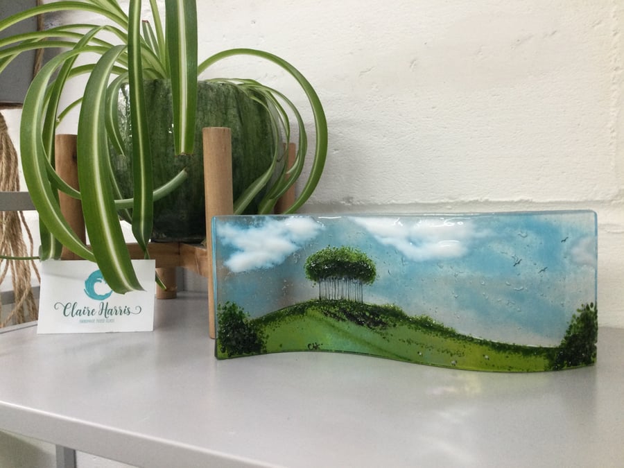 Fused glass large freestanding wave. 9cm. “Nearly home trees”. A30.
