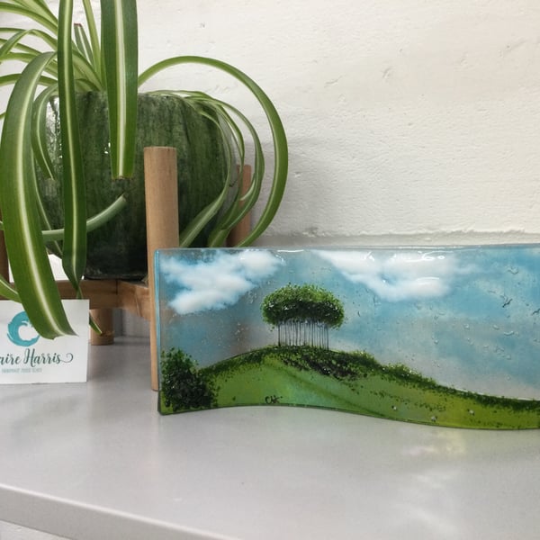 Fused glass large freestanding wave. 9cm. “Nearly home trees”. A30.