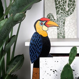 Wrinkled hornbill door topper, wooden jungle bird door frame decoration.