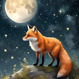 Fox Under Moon With Stars Greeting Card A5