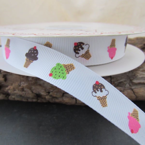 7m White Icecream Print Grosgrain Ribbon