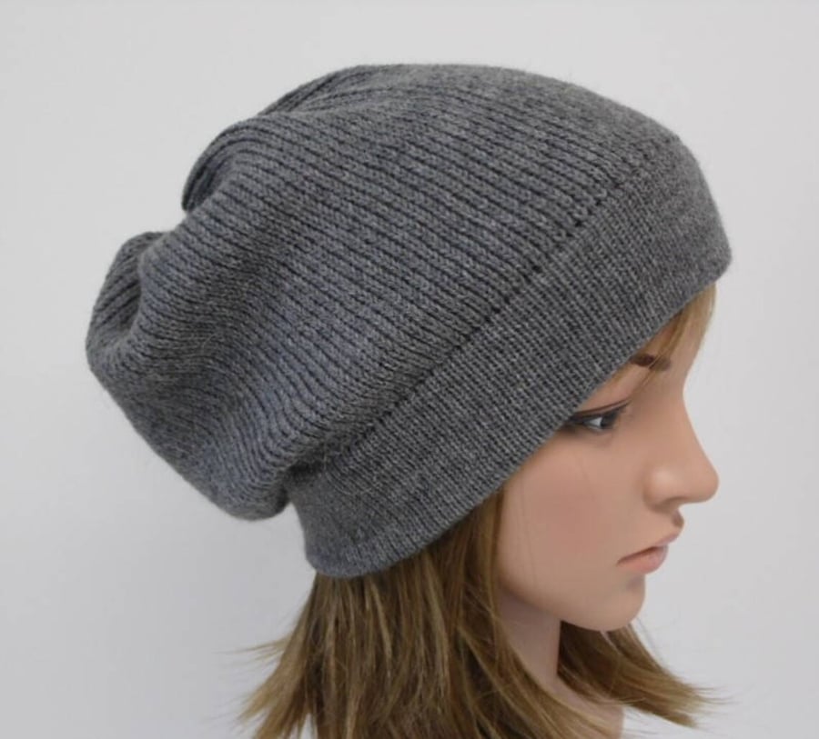 Grey alpaca beanie hat, slouchy beanie, handmade baggy hat, slouch beanie