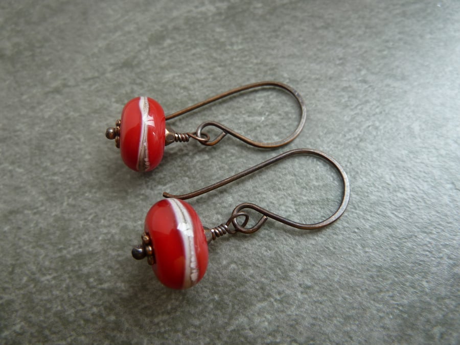 copper, red lampwork glass earrings