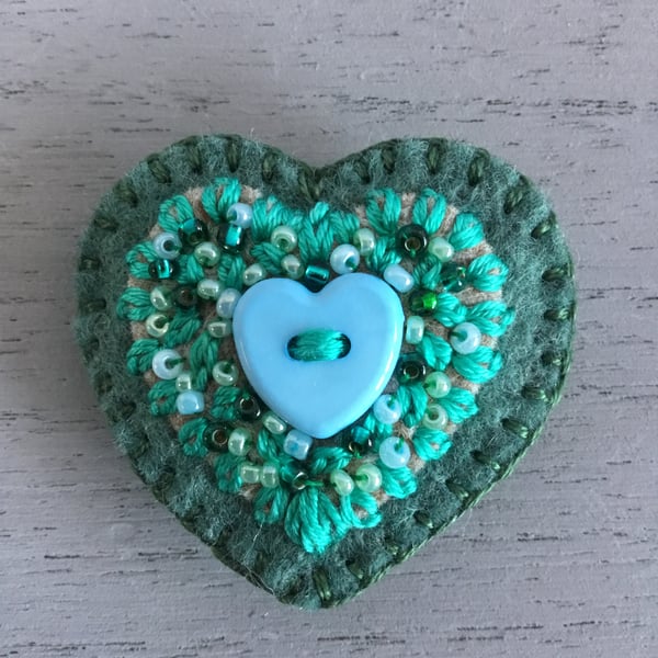 Embroidered Green Heart Brooch 