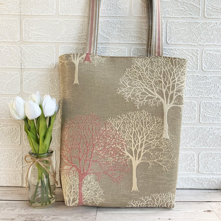Winter trees tote bag in beige with cream and salmon pink trees