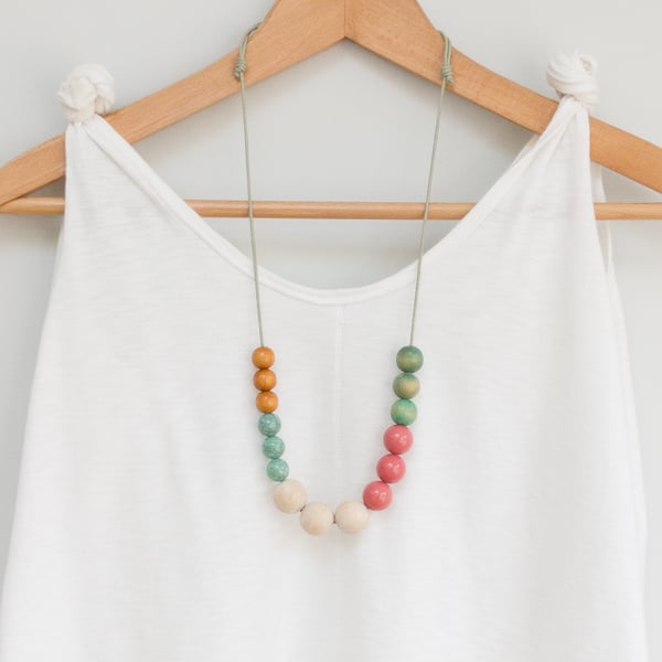 Flora - Small colourful beaded necklace, pink, blue-green, tan and white