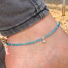Blue seed bead with puffed heart charm anklet. Sterling silver anklet 