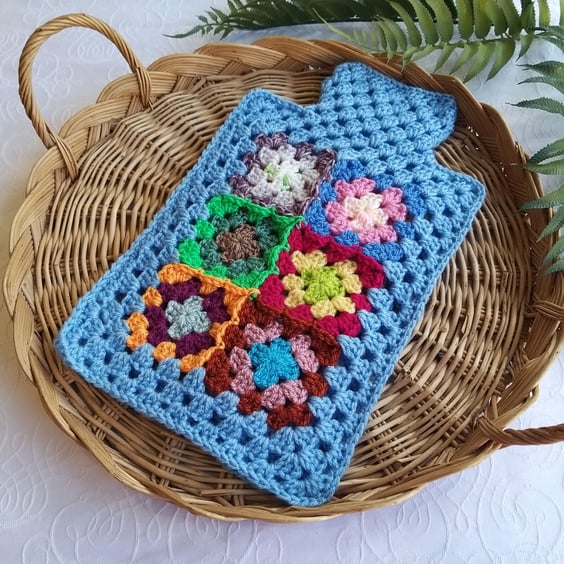  Crochet Hot Water Bottle Cover Granny Square 'Happy Scrappy' Hydrangea Blue