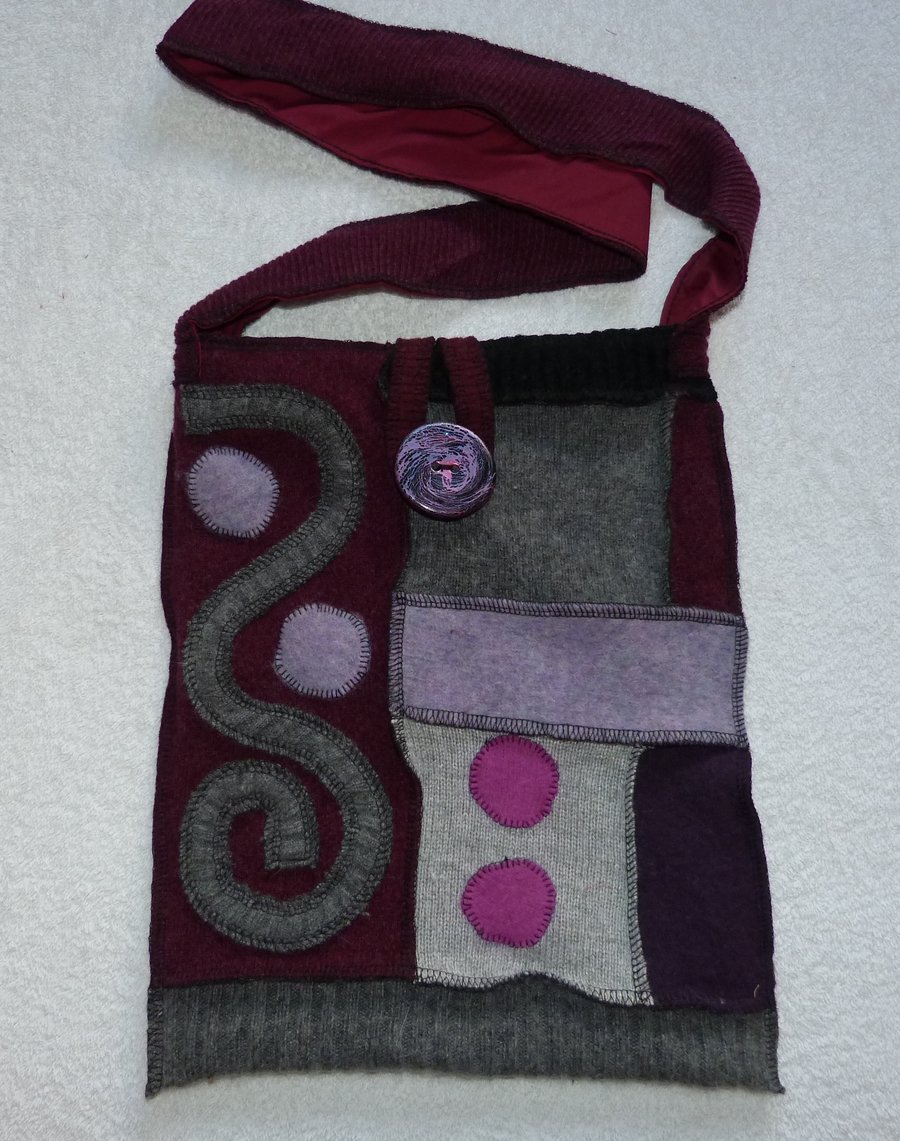 Upcycled Sweater Shoulder Bag with Embellishments in Purples and a Cotton Lining
