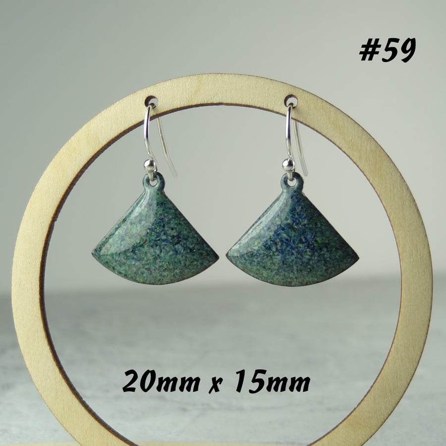 Green blue glass enamelled copper drop earrings, domed fan shaped, 20x15mm (59)