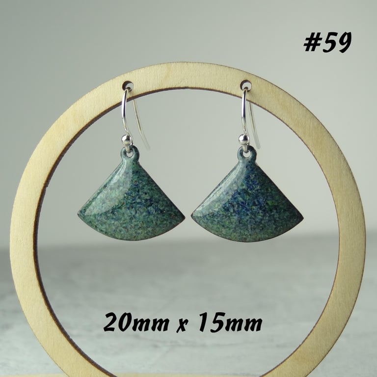 Green blue glass enamelled copper drop earrings, domed fan shaped, 20x15mm (59)