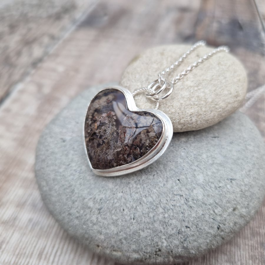 Moss Agate Heart Gemstone and Sterling Silver Pendant Necklace