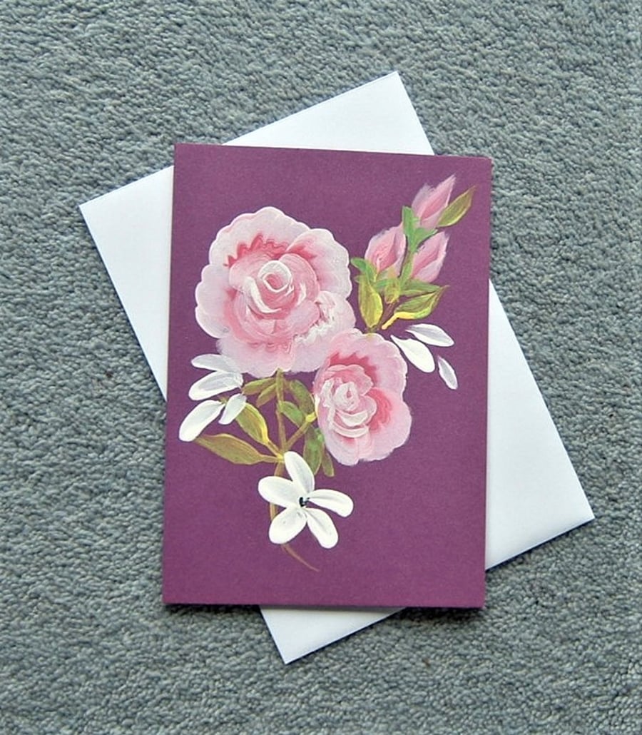 hand painted roses floral blank card ( ref F 151 )