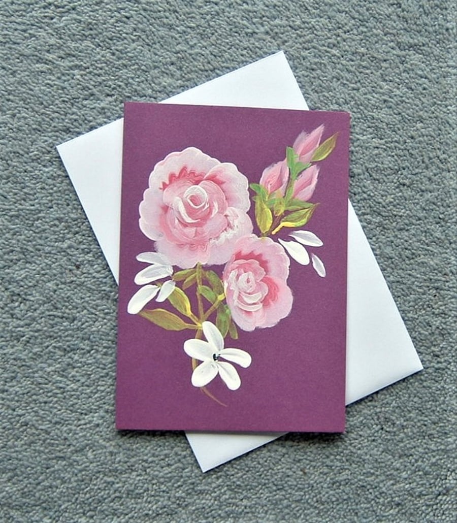 hand painted roses floral blank card ( ref F 151 ) - Folksy