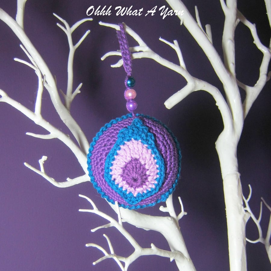 Purple crochet peacock feather decoration, scissor keeper, pin cushion 