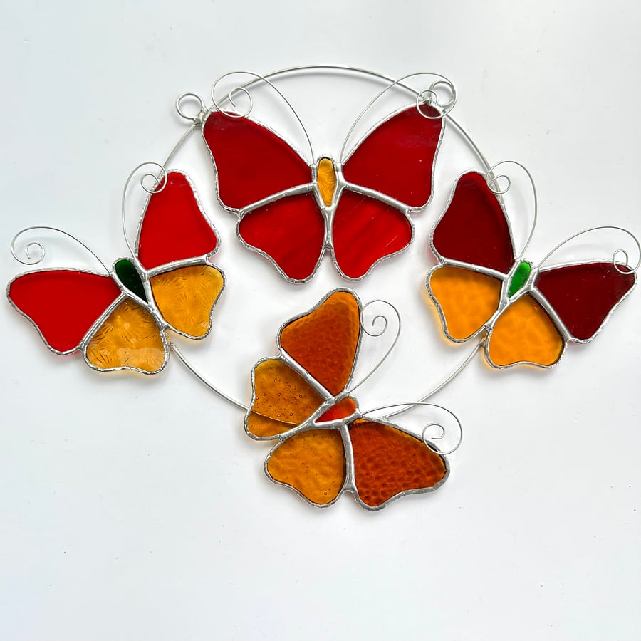 Stained Glass Butterfly Ring - Handmade Hanging Decoration - Red and Amber
