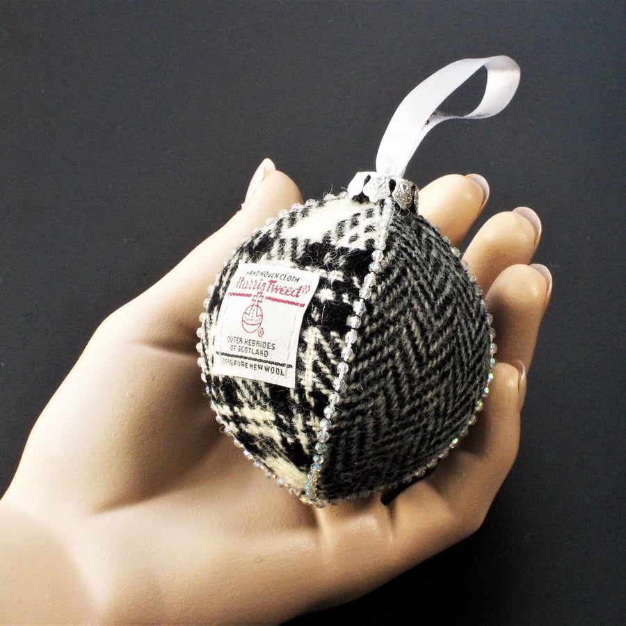 Harris tweed bauble Christmas tree decoration black and white fabric ornament