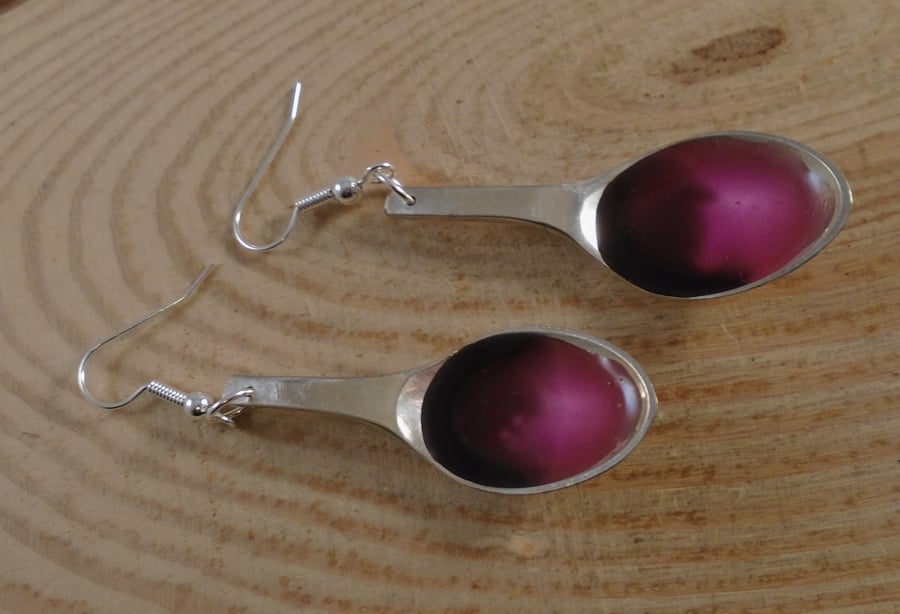 Upcycled Silver Plated Pink and Black Sugar Tong Spoon Earrings SPE111902