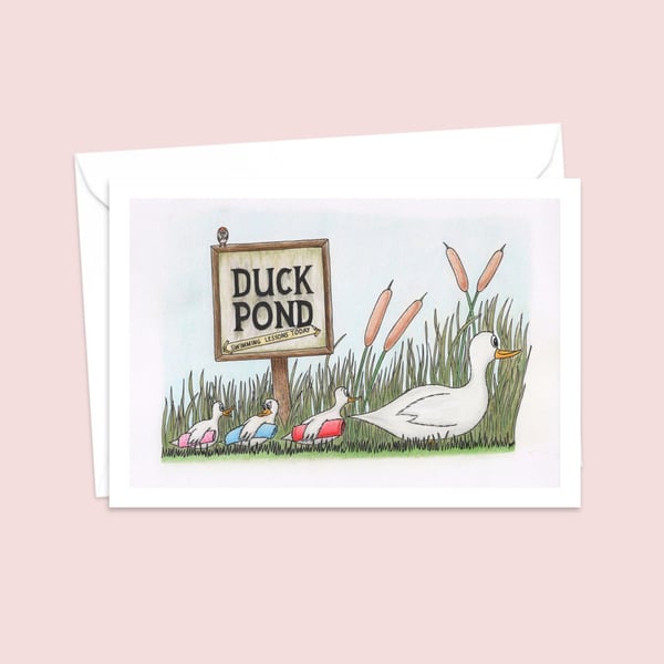 Cute Ducks Greeting Card: Pencil Illustration of a Duck Family Outing (213)