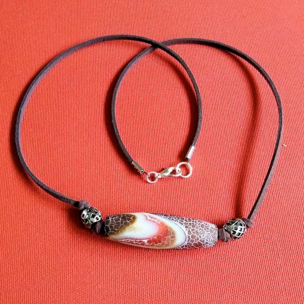 Large Banded Agate Gemstone Pendant Brown Cord Men Women Necklace 20 Inch
