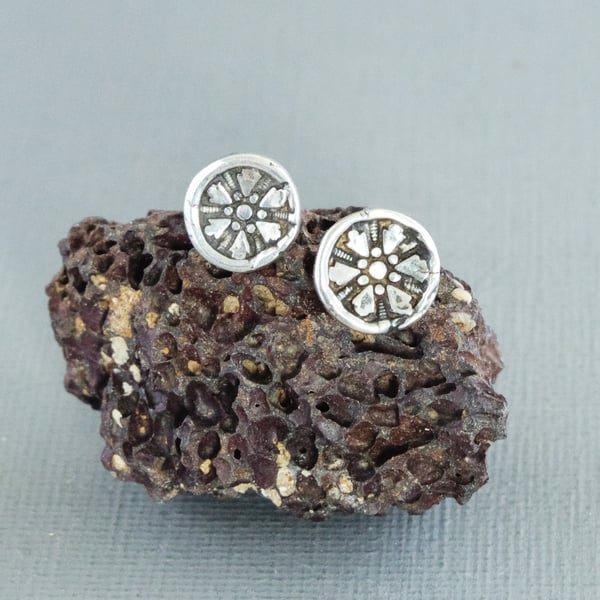 Snowflake Sterling Silver Chunky Stud Earrings Cast From Victorian Glass Button