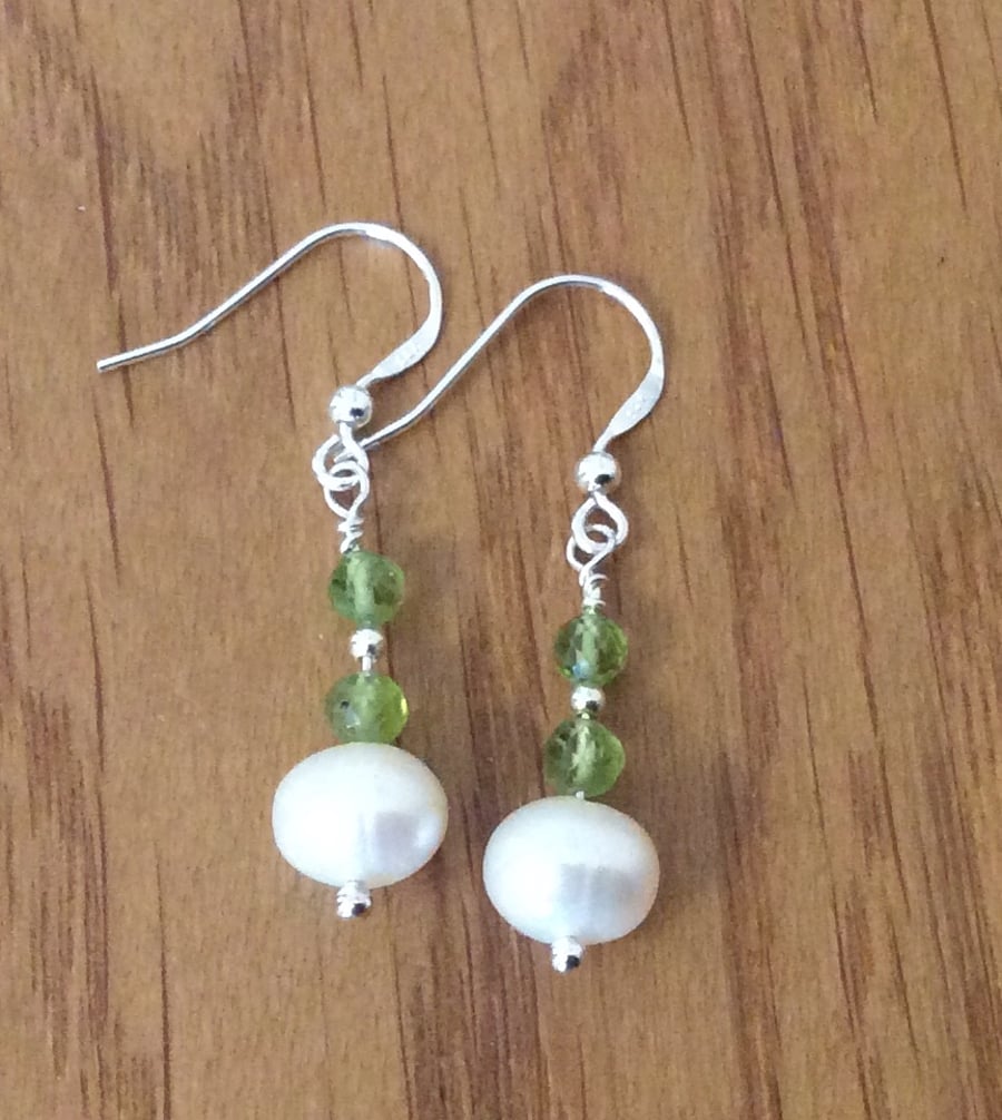 Sterling Silver White Pearl and Peridot Drop Earrings