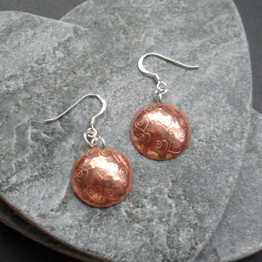 Copper Disc With Heart Detail Earrings With Sterling Silver Ear Wires