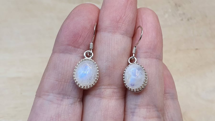 Simple oval Rainbow Moonstone earrings. Minimalist 925 sterling silver