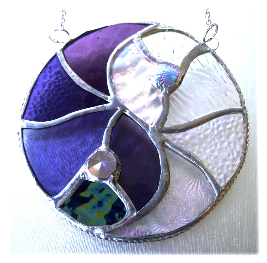 SOLD 240630 Yin Yang Suncatcher Stained Glass Handmade Purple 