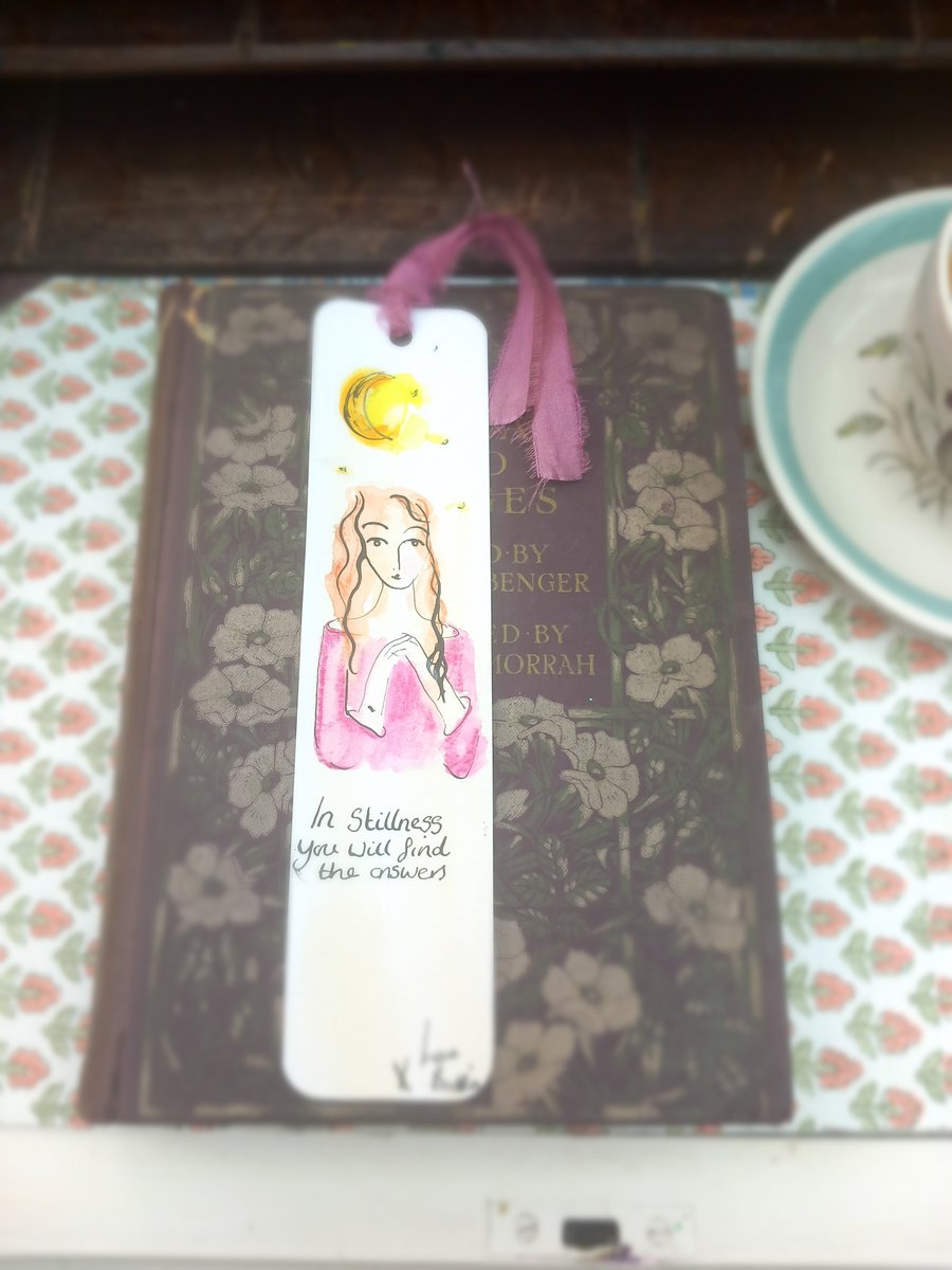 ' In stillness 'Hand drawn and painted bookmark with silk ribbon '
