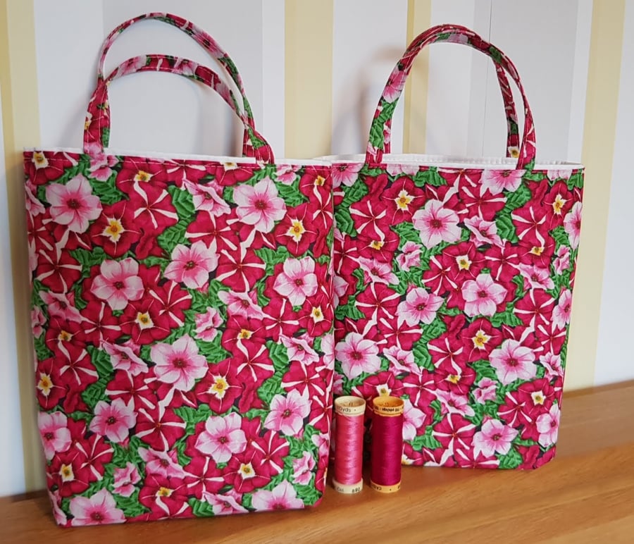 Fabric reusable gift bag, floral: pink petunias 