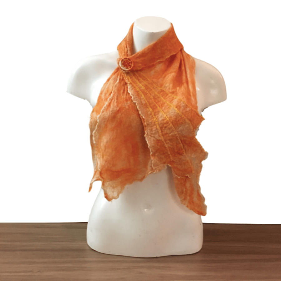 Orange asymmetrical nuno felted scarf, merino wool on silk, SALE