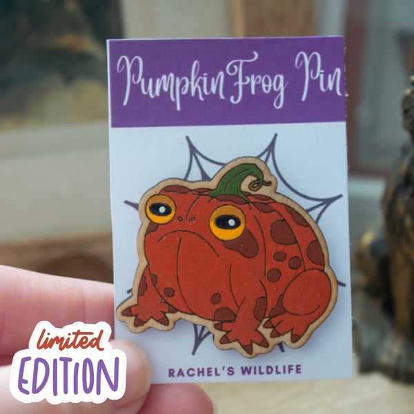Limited Edition Pumpkin Frog Wooden Pin Badge – Halloween Design
