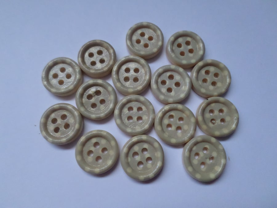 15 x 4-Hole Printed Wooden Buttons - Round - 15mm - Polka Dot - Grey 