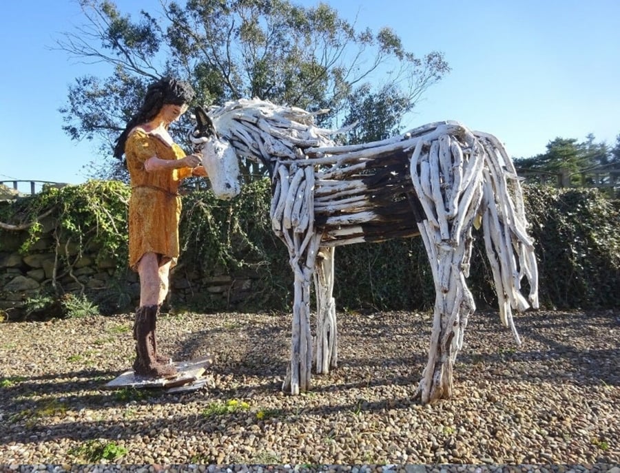 Native American Girl with horse pony driftwood sculpture