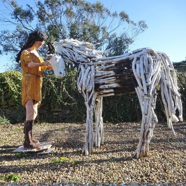 Native American Girl with horse pony driftwood sculpture