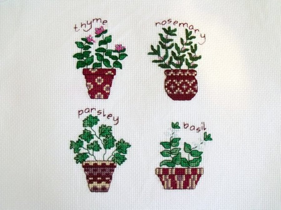 herbs cross stitch picture ready to frame for your home or for a gift
