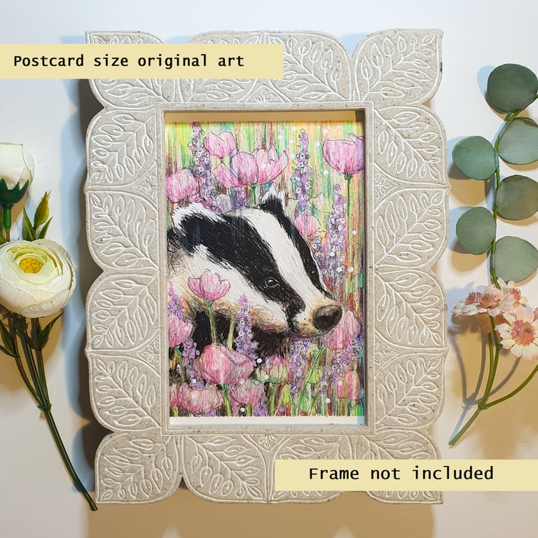 Little badger among the flowers, original postcard size drawing, artwork