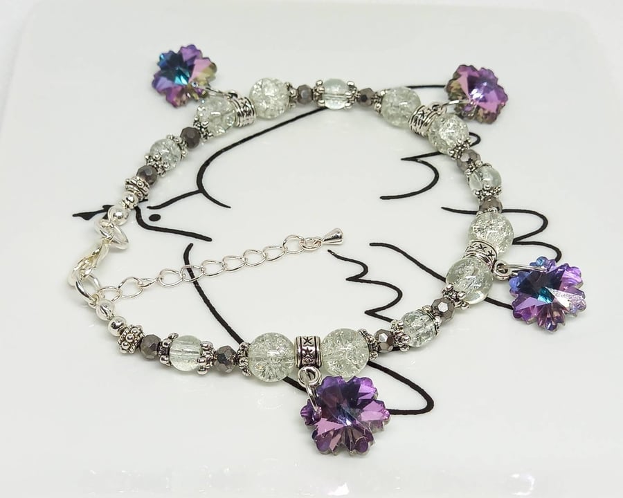 SALE - Adjustable beaded glass snowflake charm bracelet 