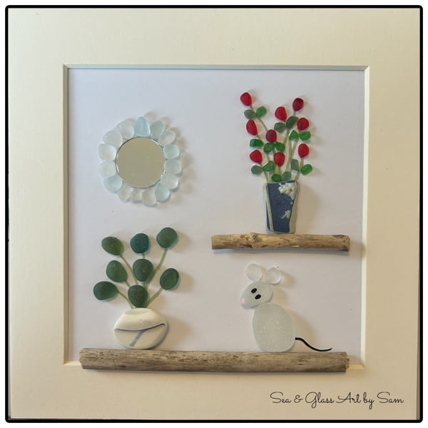 Handmade Sea Glass Mouse & Mirror Picture - Framed 8x8 Cosy Home Pebble Art