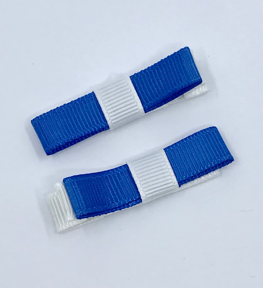 Small Straight Royal Blue and White Bow Clips (pair)