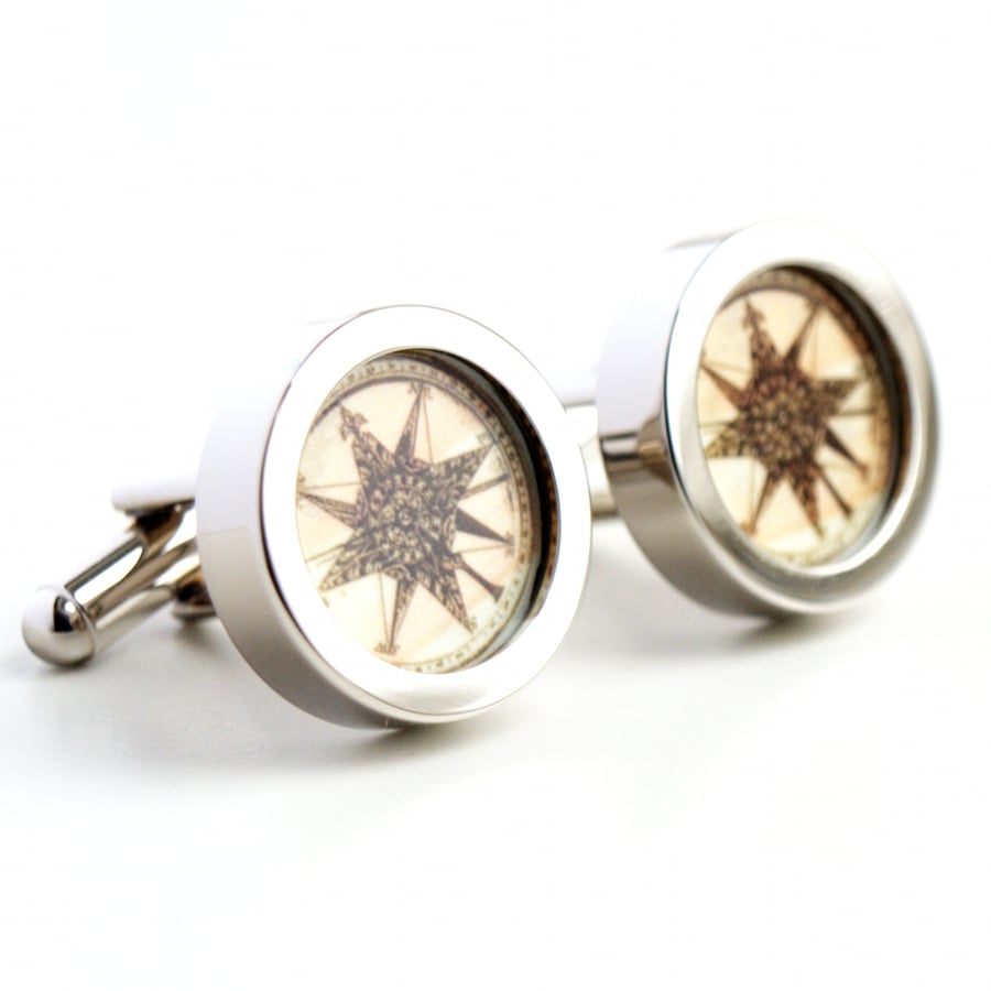 Nautical Steampunk Vintage Compass Cufflinks from the New World