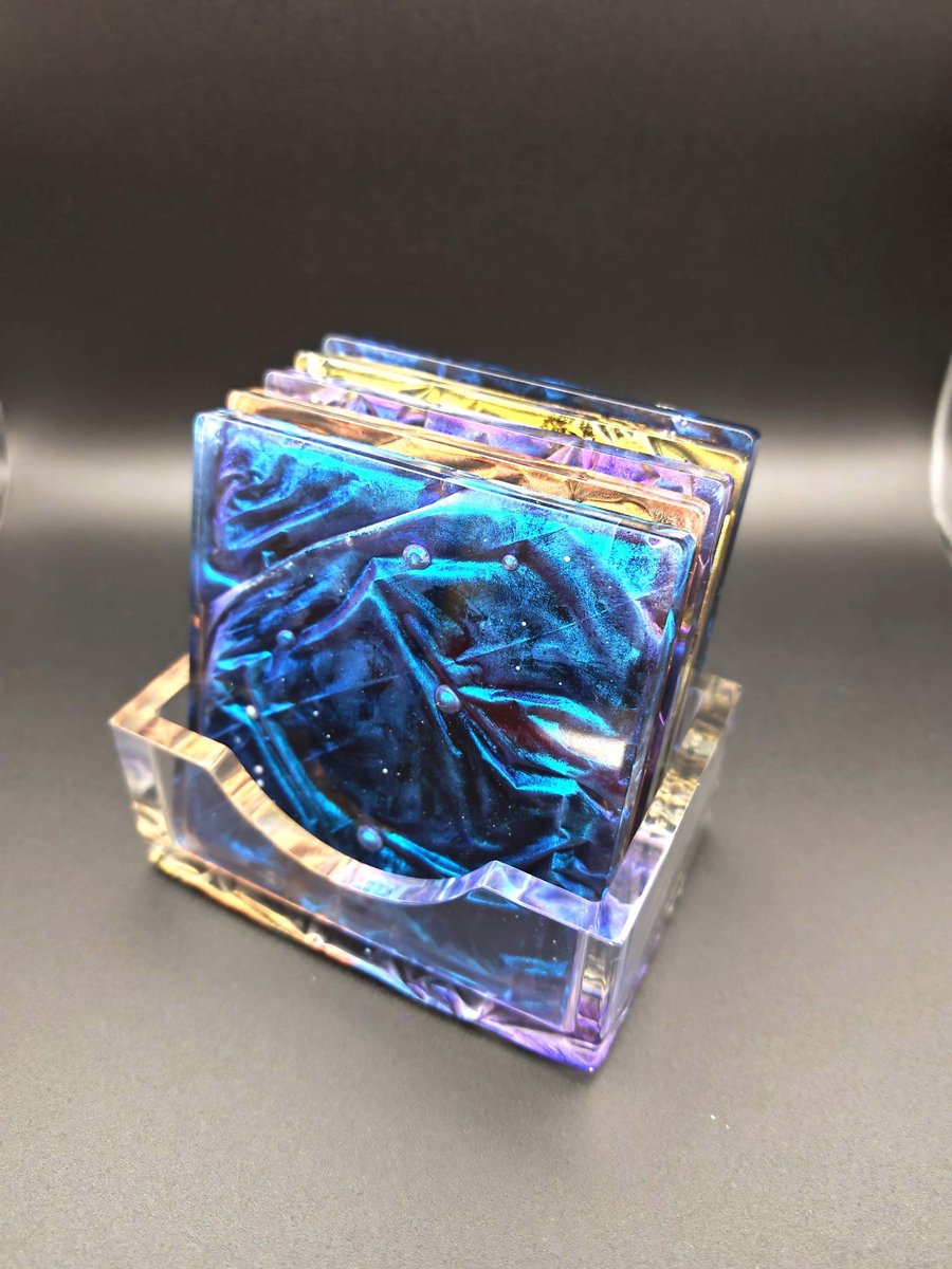 Epoxy Resin Coaster Set with Holder- Velvet Technique