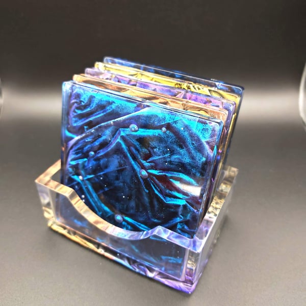 Epoxy Resin Coaster Set with Holder- Velvet Technique